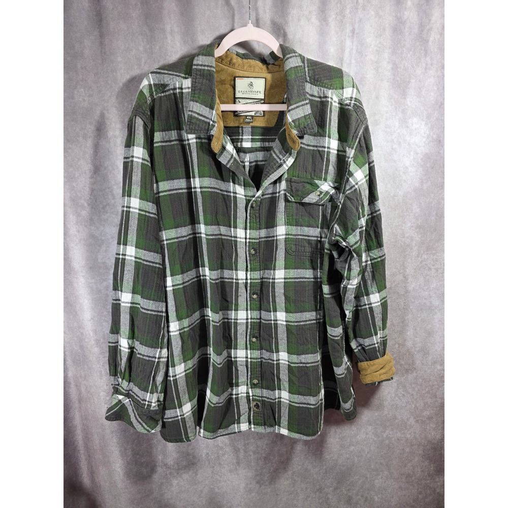 Legendary Whitetails Mens 4XL Green Plaid Flannel Shirt Corduroy Trim Buck Camp